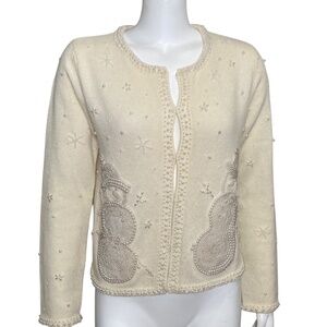 Vintage Bellepointe Beaded Snowman Cardigan Sweater Angora Wool Blend Size M